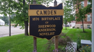 Historical marker for Sherwood Anderson in Camden, Ohio. Anderson was born there, but his family moved to Clyde just a year after his birth.