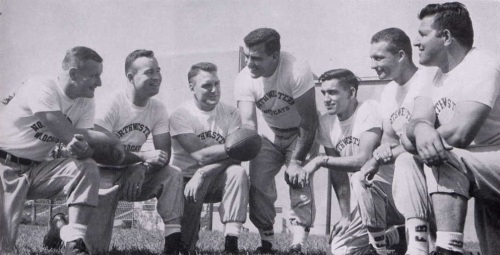 Coach Ara Parseghian at center with Northwestern coaching staff in 1956.