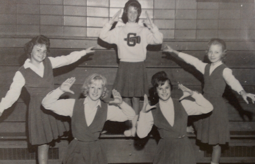 Cheerleaders from Greenhills Junior-Senior High School in Cincinnati, Ohio in 1961. Wright's poem is absent of cheerleaders, pep rallies and other elements that are part of football's pageantry. Incidentally, the cheerleader at lower left in the front row is Patty Rebholz, murdered in 1963 in one of Cincinnati's most notorious murder cases. Author's photo from the 1962 Greenhills yearbook. 